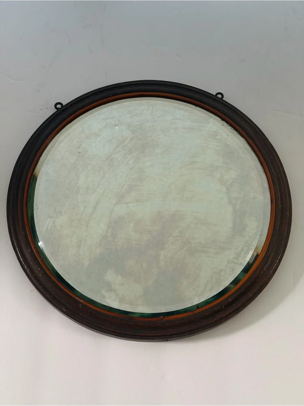 Vintage Round Wall Mirror with Dark Wood Frame 11 1/4”